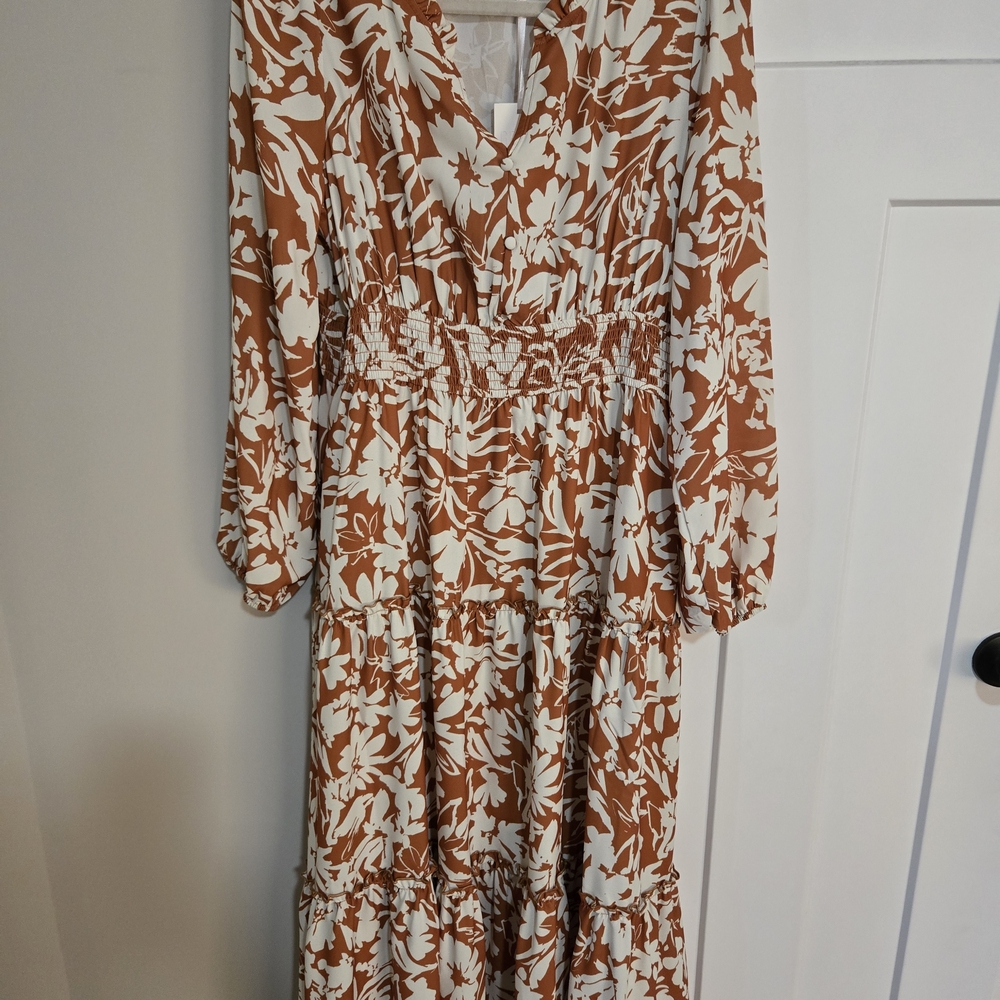 Floral Print Women's Dress - Brown and White